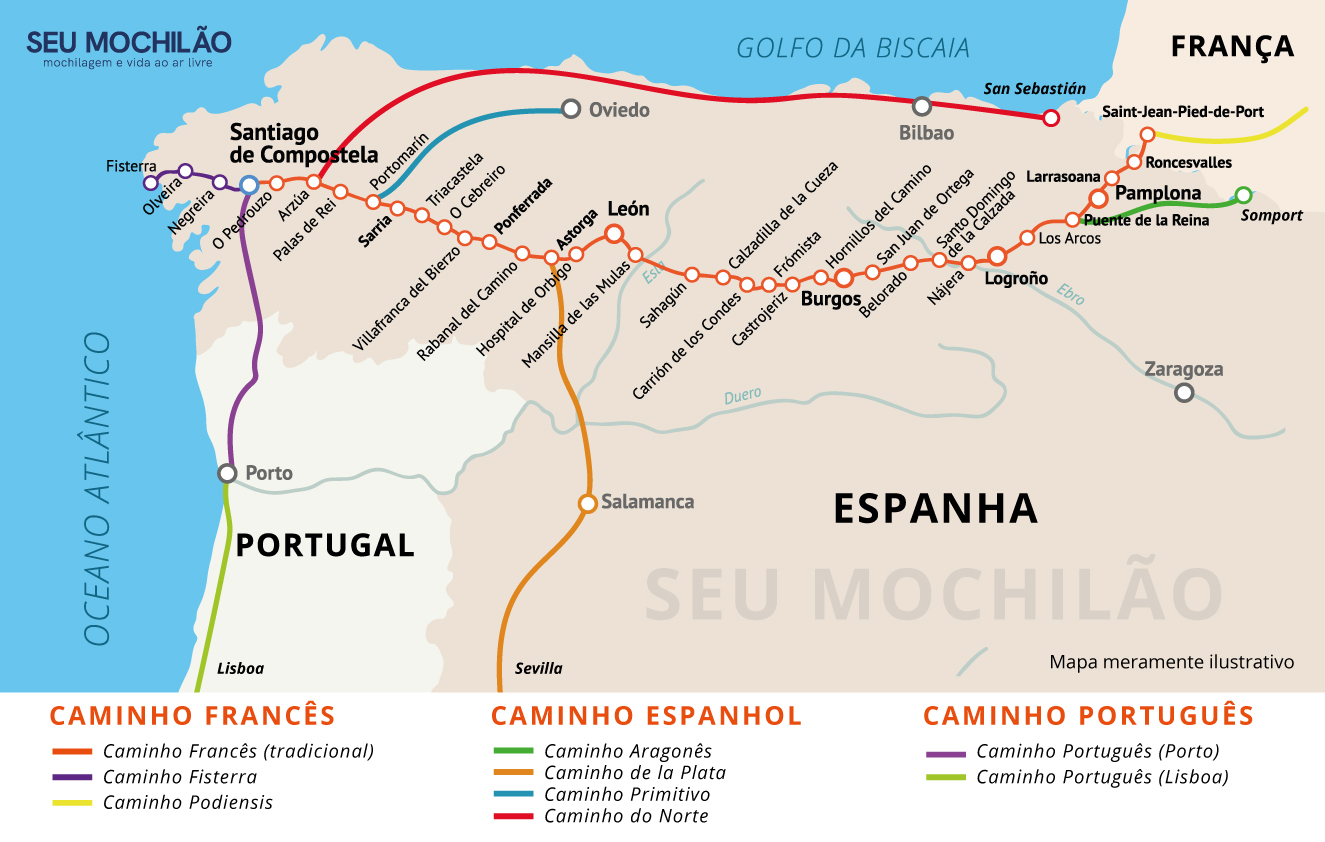 Mapa do Caminho de Santiago de Compostela: distâncias e rotas